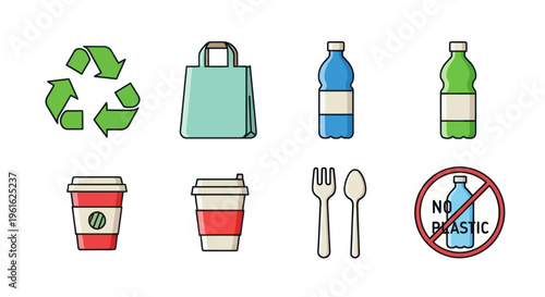 Eco-friendly icons: recycling, reusable bag, coffee cups, cutlery, no plastic bottle
