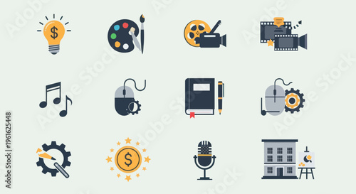 Creative Business Icons Set: Idea, Art, Film, Music, Design, Education, Office, Microphone