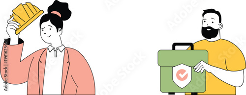 Woman holding fries while man presents secure briefcase with checkmark badge symbolizing trust and food delivery safety