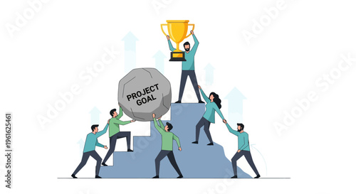 Teamwork Achievement: Project Goal Accomplished with Trophy and Collaboration
