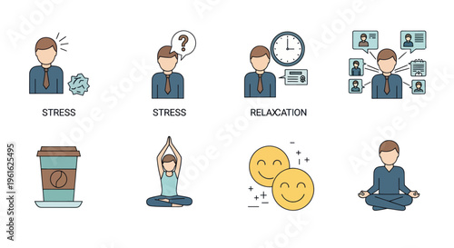 Stress, Relaxation, and Wellbeing Icons: Business, Yoga, Coffee, Smiles