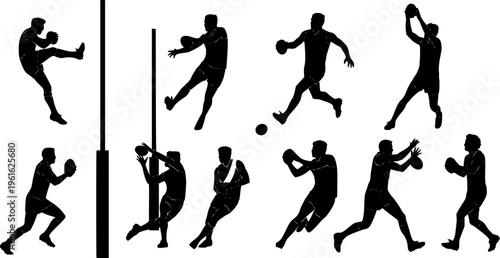 black and white vector illustration Afl Silhouette, Afl Svg, Australian rules football svg, Australian rules football silhouette, Australian afi clipart, Afi vector set 
