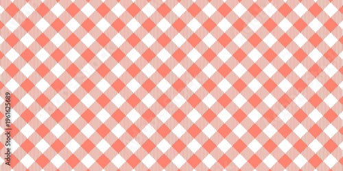 Red gingham pattern background. Classic diagonal checkered plaid texture for picnic, kitchen, tablecloth, or fabric design. Seamless geometric wallpaper.