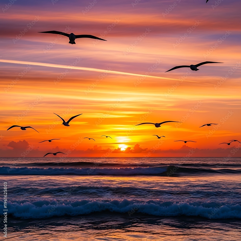 Fototapeta premium Seagulls flying over ocean at sunset.
