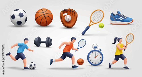 Sports players vector illustration collection of athletes playing ball games with tennis basketball soccer volleyball and football themes