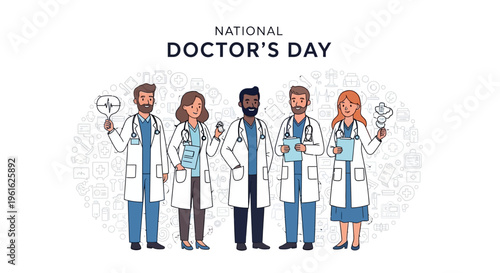 Illustration of diverse medical professionals celebrating National Doctor's Day with a healthcare theme, featuring doctors in lab coats and medical symbols on a clean white background with