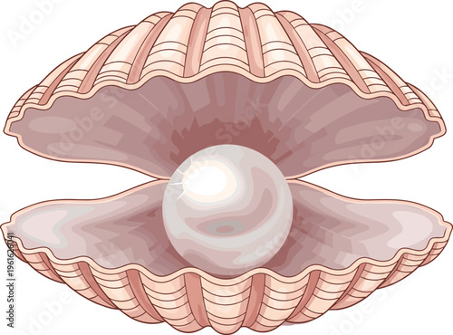 Open oyster shell with pearl hand drawn engraving style vector illustration featuring detailed marine seafood design isolated on white background