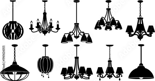 Various hanging ceiling lamps. Lamp, chandelier. Black silhouette. Front side view. Vector simple flat graphic illustration. Isolated object on a white background 
