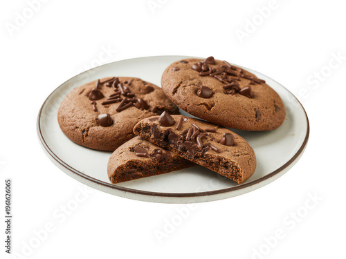 Chocolate chip cookies on a white plate isolated on a transparent background