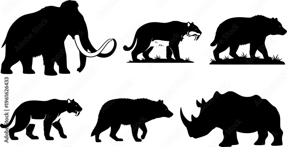 Fototapeta premium Prehistoric and modern animal silhouettes, mammoth saber‑toothed cat bear wolf rhino, megafauna art, vector illustration, wildlife icon, nature design, extinct species, ice age fauna 