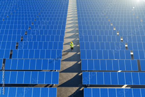 Technician inspecting large solar panel array for clean energy
