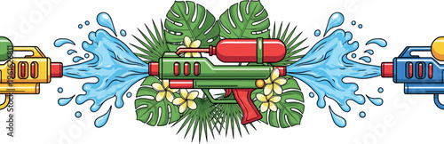 Tropical Water Gun Splash Illustration with Palm Leaves Flowers and Summer Festival Toy Blaster Concept for Holiday Fun Beach Party Kids Activity Vector Design