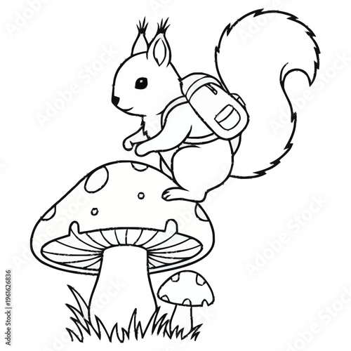 Cute cartoon squirrel with backpack sitting on a large mushroom surrounded by grass and smaller fungi forest adventure concept
