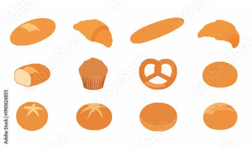 Bakery products vector set with bread baguette croissant muffin pretzel bagel and buns in flat style isolated on white background