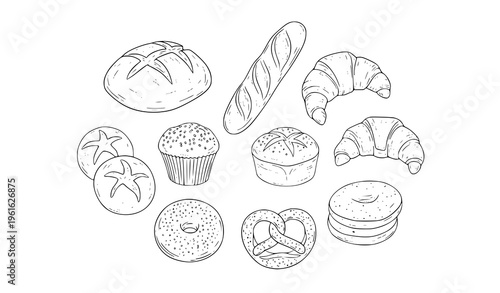 Hand drawn bakery food collection with artisan bread croissant baguette muffin pretzel bagel and buns isolated on white