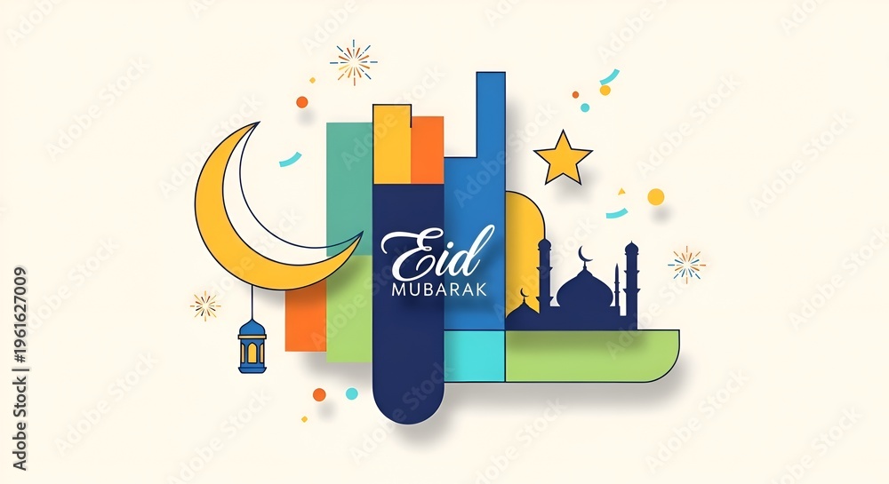 Obraz premium Eid Mubarak Celebration with Crescent Moon, Mosque Silhouette, and Festive Decorations