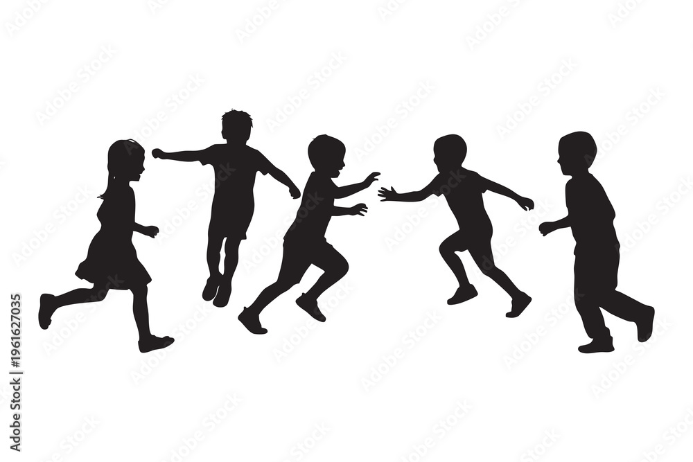 Fototapeta premium Kids playing and running silhouettes joyful
