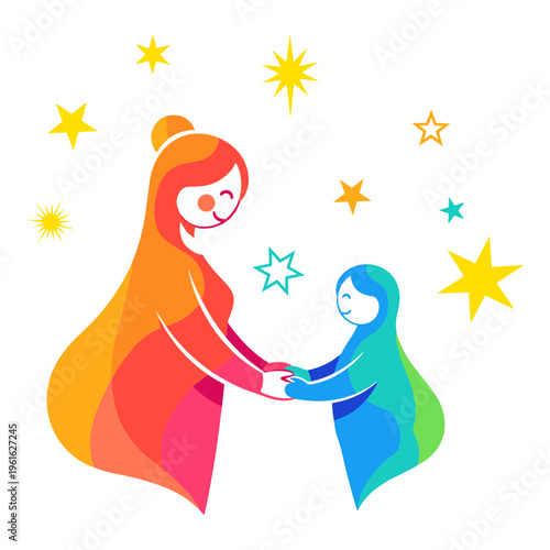 Two figures holding hands amidst a whimsical starry background Vector, illustration