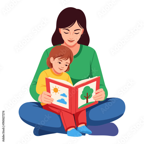 A mother and child enjoying a picture book together at home Vector, illustration
