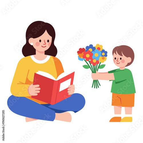 A mother reading a book to her young child while holding a bouquet of flowers Vector, illustration