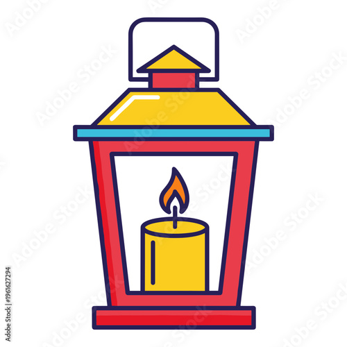 Illustrated lantern with a lit candle inside its glass panel Vector, illustration