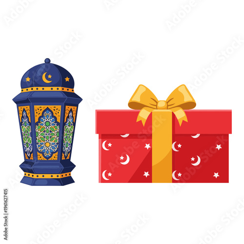 Elegant lantern and festive gift box with cultural designs Vector, illustration