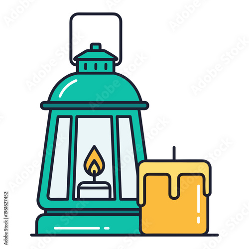 Classic lantern with a lit flame beside a candle on a surface Vector, illustration