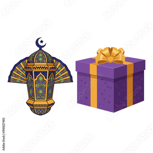 Elegant lantern and vibrant gift box combination for decorative purposes. Vector, illustration