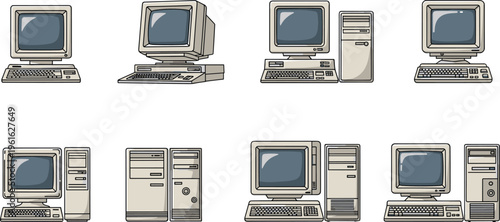 Retro Desktop Computer Set with CRT Monitors and CPU Towers, Vintage Technology Collection, Old PC Equipment Vector Illustration Design