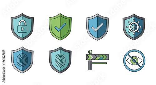 Security Icons: Shield, Lock, Fingerprint, Checkmark, No Eyes, Barrier, Network