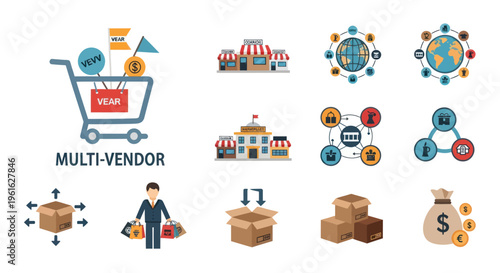 Multi-vendor marketplace icons: shopping cart, stores, network, delivery, money bag