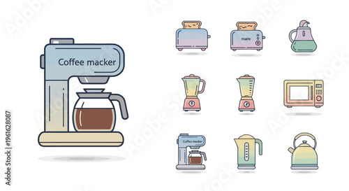 Kitchen Appliance Icons: Coffee Maker, Toaster, Blender, Microwave, Kettle
