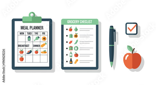 Meal Planner and Grocery Checklist with Icons, Pen, and Apple