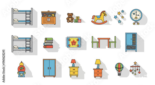 Children's Room Furniture and Toys Icons Set