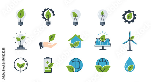 Green Energy Icons: Renewable Resources, Eco-Friendly Technology, Sustainability Concepts