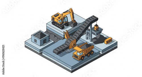 Isometric Mining Operation with Excavator, Conveyor, and Dump Truck.
