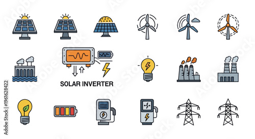 Renewable Energy Icons: Solar Panels, Wind Turbines, Power Plants, Inverter, Battery