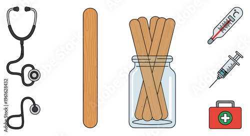 Medical Instruments and Supplies: Stethoscope, Tongue Depressors, Thermometer, Syringe, First Aid Kit