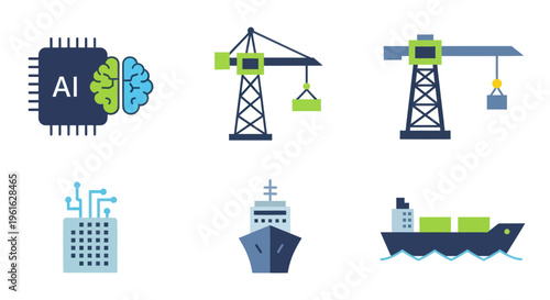 AI Chip, Cranes, Ship and Cargo Icons: Technology, Construction, Logistics