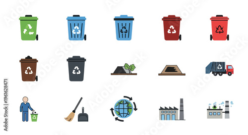 Recycling Bins, Garbage Truck, Factory, Earth Icons: Waste Management & Ecology