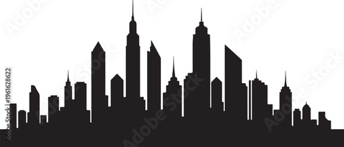 Black silhouette of a city skyline with tall buildings