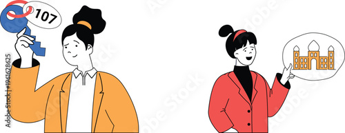 Two individuals sharing information about a building and a number code using visual aids and cheerful expressions