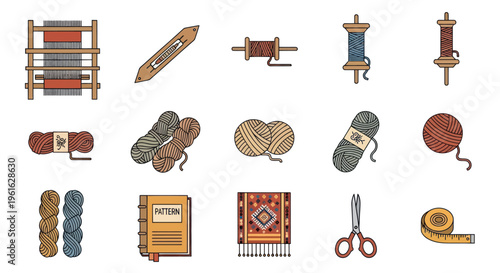 Handicraft Tools and Materials: Weaving Loom, Yarn, Spools, Scissors, Tape Measure