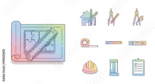 Architectural Blueprint and Construction Tools Icons