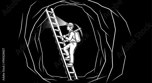 Miner Ascending Ladder in Dark Mine Shaft Illustration.