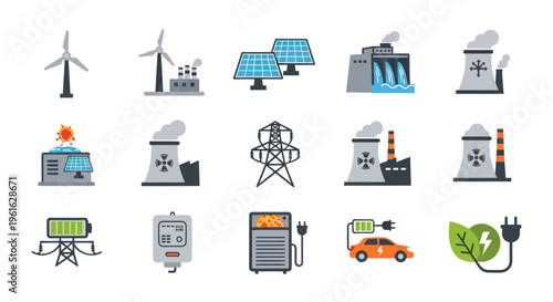 Renewable Energy Icons: Wind, Solar, Hydro, Nuclear, Electric Car Charging