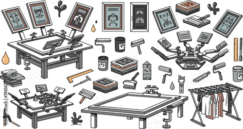 Screen Printing Workshop Equipment Set with Press Machine, Ink, Frames, Tools, Textile Printing Process, Industrial Studio Vector Illustration Collection