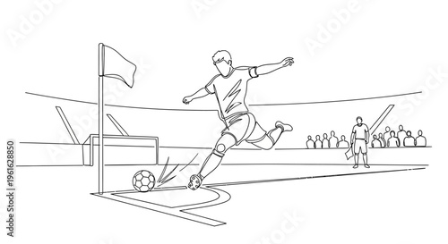 Football player kicking corner kick in stadium, hand-drawn sketch style