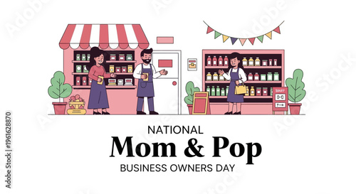 Illustration of a family-owned business with mom and pop shop owners standing outside their store, celebrating National Mom and Pop Business Owners Day with a festive atmosphere and