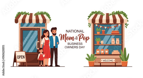 Illustration of a family-owned business celebrating National Mom and Pop Business Owners Day with a storefront and a man and woman standing outside, conveying a sense of local retail and